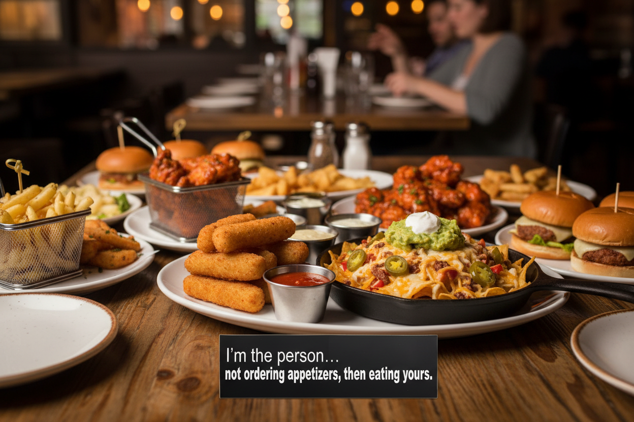 Appetizer-focused restaurant scene with sticker