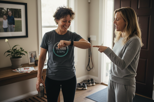 Parent showing 10,000 steps to spouse